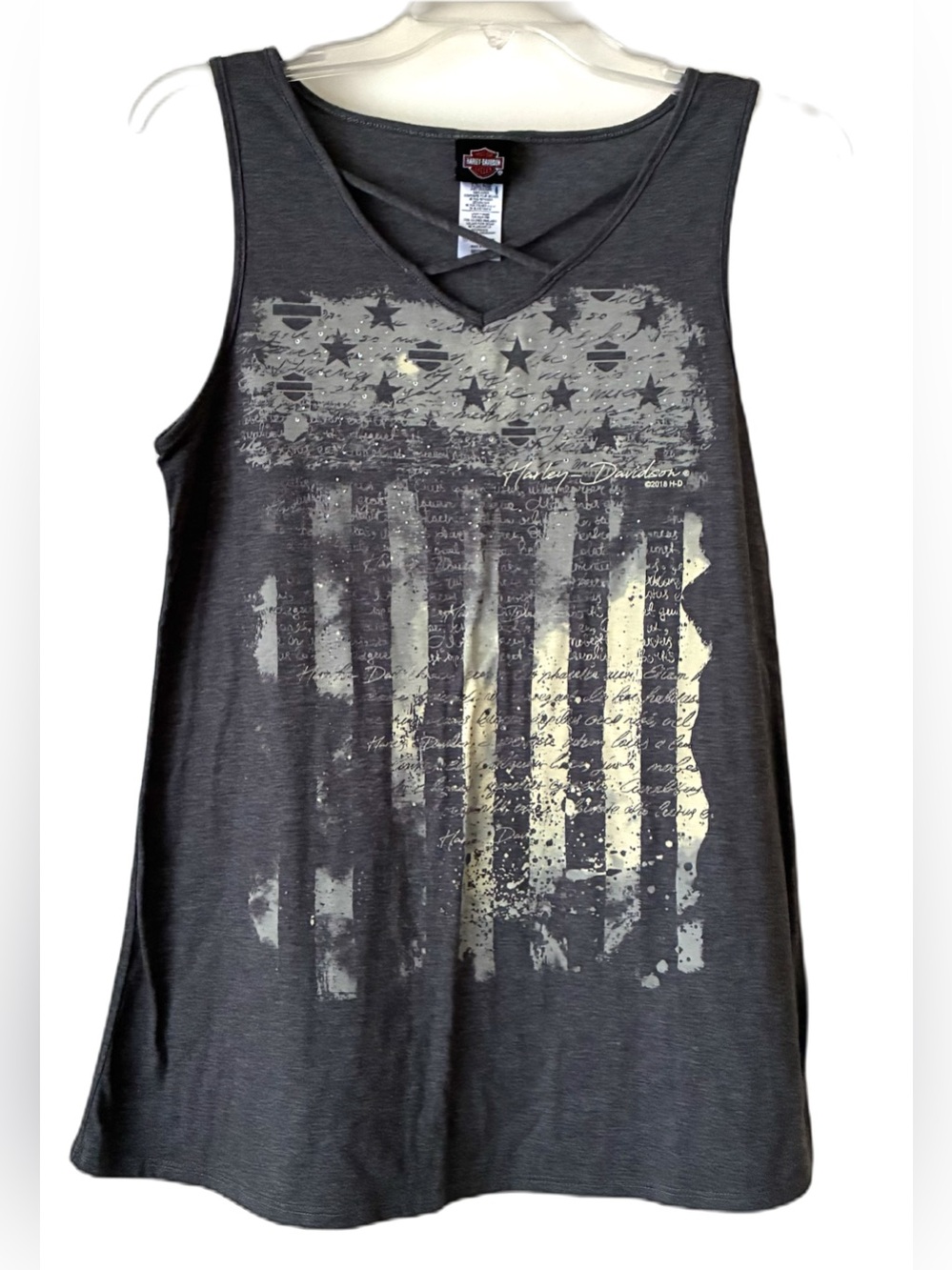 Harley Davidson Tank Top, Sz. M, Gray, Embellished, Flag/Stars Design on Front